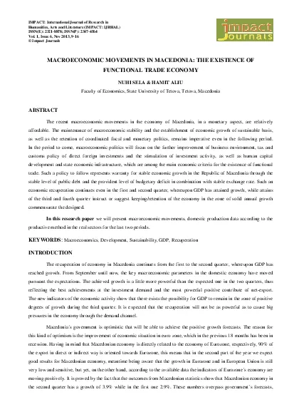 Macroeconomic Movements in Macedonia The Existence of Functional Trade