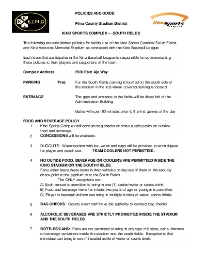 POLICIES AND GUIDEPima County Stadium District    KINO SPORTS COMPLEX