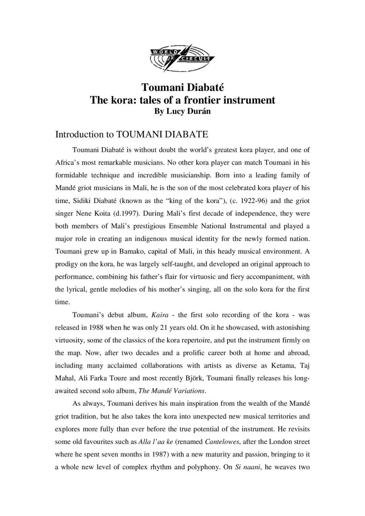 PDF-Toumani Diabat The kora tales of a frontier instrument By Lucy Durn I