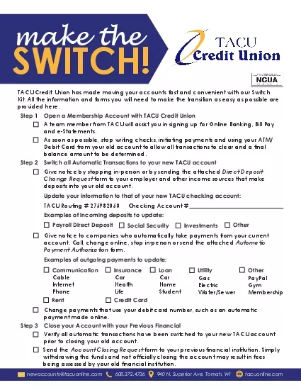 TACU Credit Union has made moving your accounts fast and convenient wi