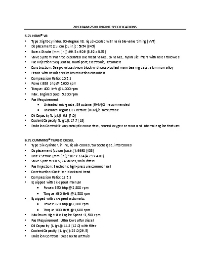 2013 RAM 2500 ENGINE SPECIFICATIONS