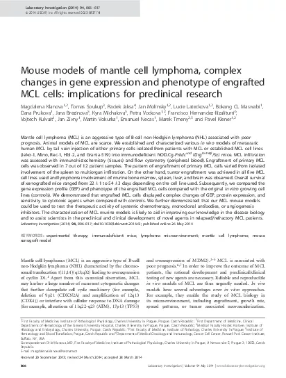 Mousemodelsofmantlecelllymphomacomplexchangesingeneexpressionandphenot