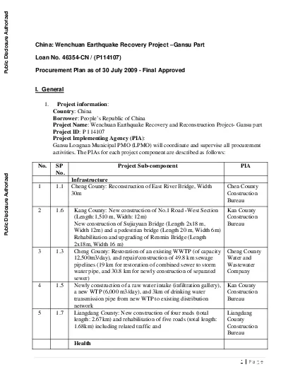 China Wenchuan Earthquake Recovery Project ansu Part Loan No 46354CN