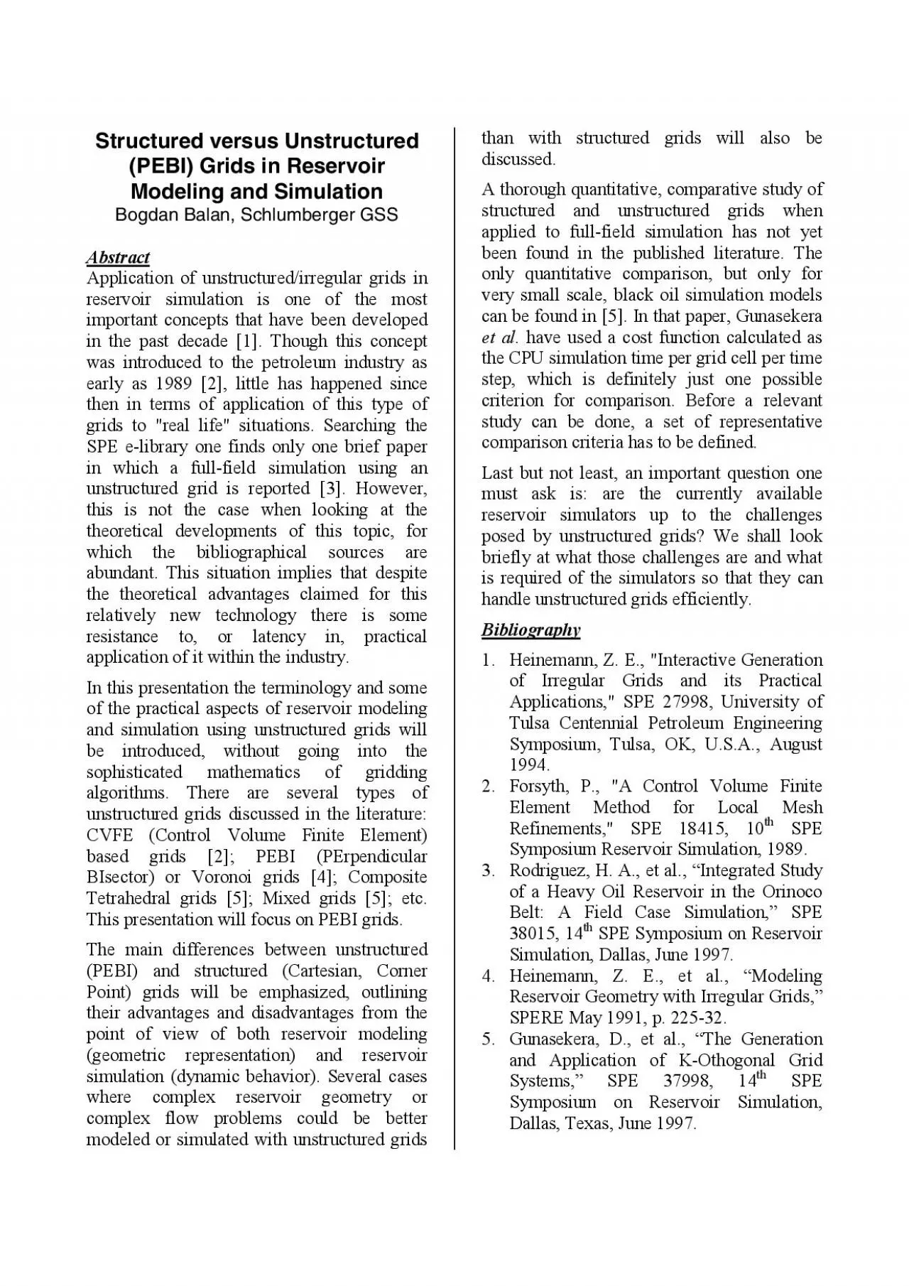 PDF-Structured versus UnstructuredPEBI Grids in ReservoirModeling and Simu