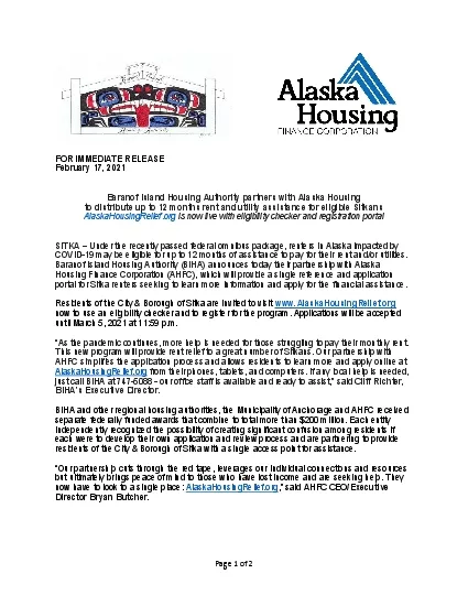 FOR IMMEDIATE RELEASE Baranof Island Housing Authority partners with A