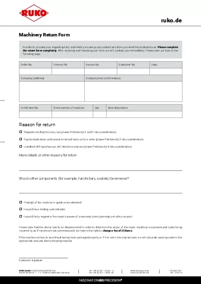 PDF-Machinery Return FormReason for returnMore details or other reasons fo