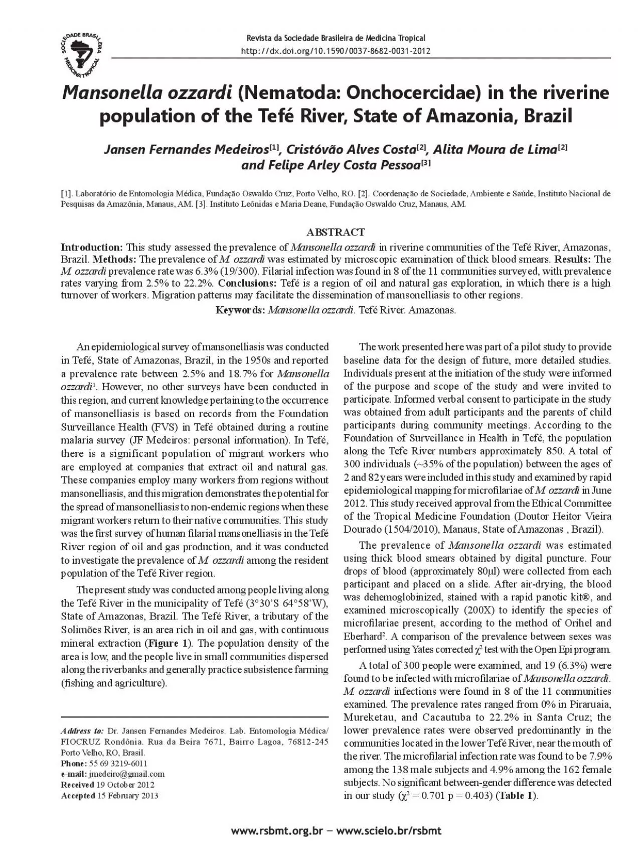 PDF-Rev Soc Bras Med Trop TABLE 1 Mansonella ozzardi infections accordin