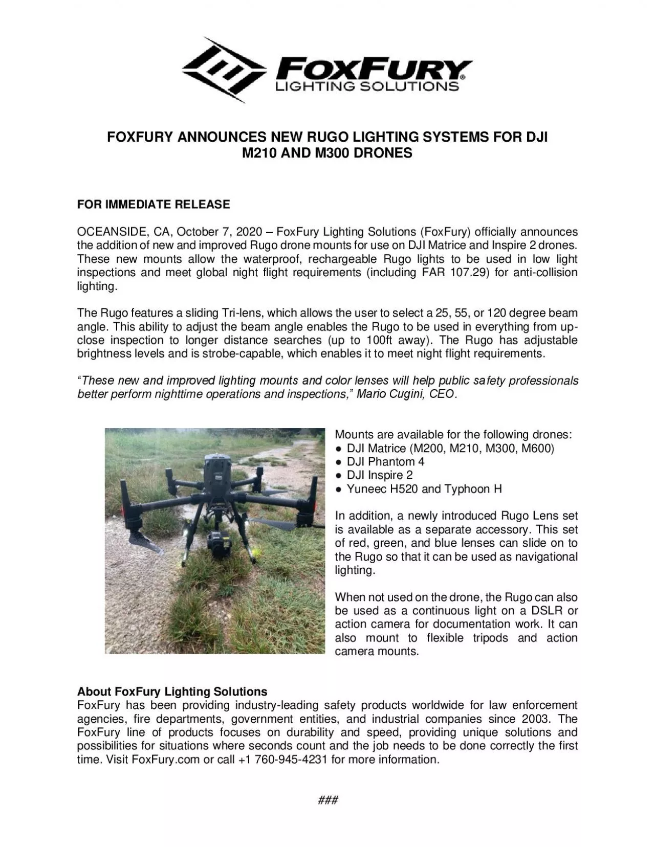 PDF-FOXFURY ANNOUNCES NEW RUGO LIGHTING SYSTEMS FOR DJI