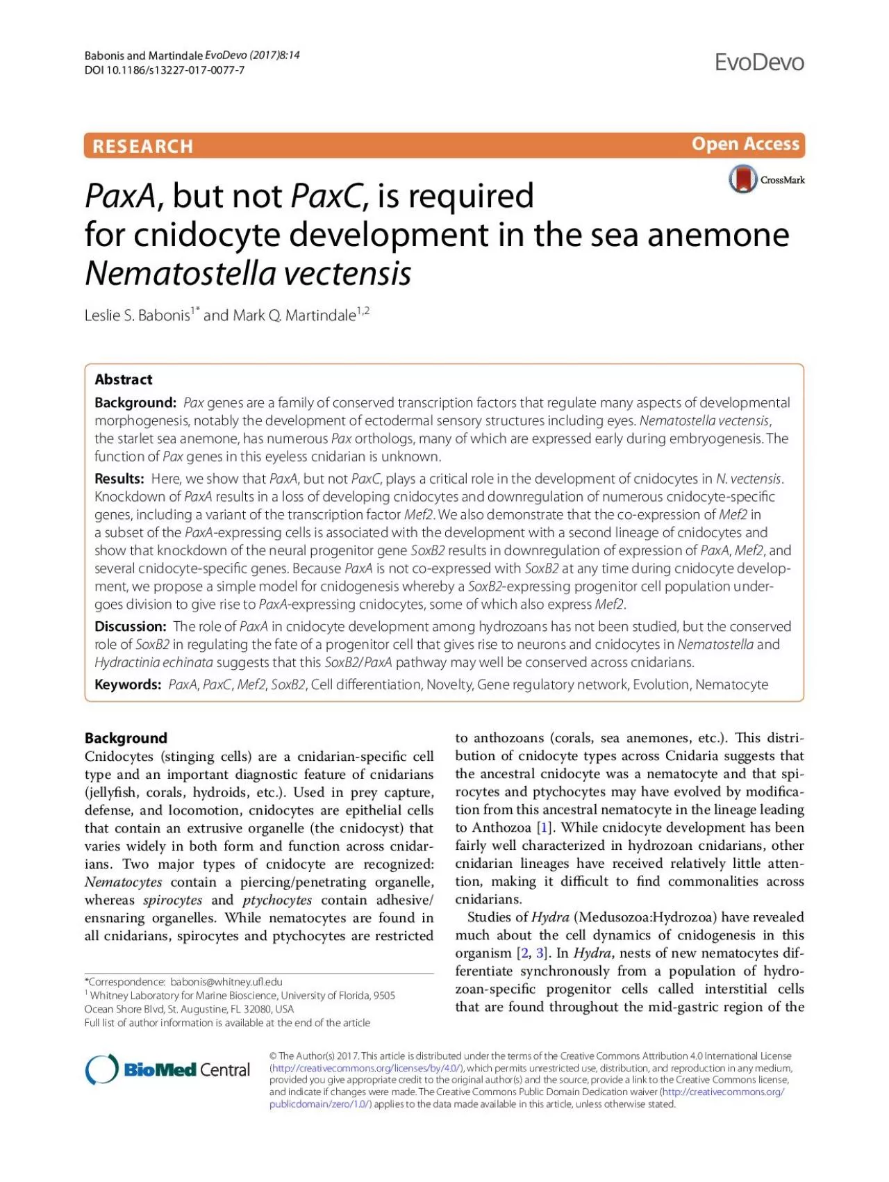 PDF-Page 2 of 20Babonis and Martindale EvoDevo 2017 814