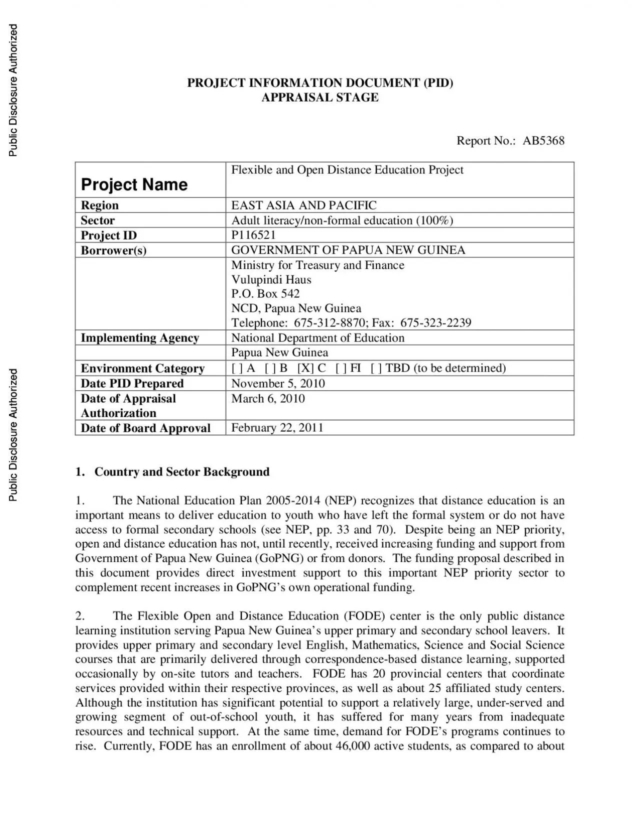 PDF-PROJECT INFORMATION DOCUMENT PID APPRAISAL STAGE Report No AB5368 Pro