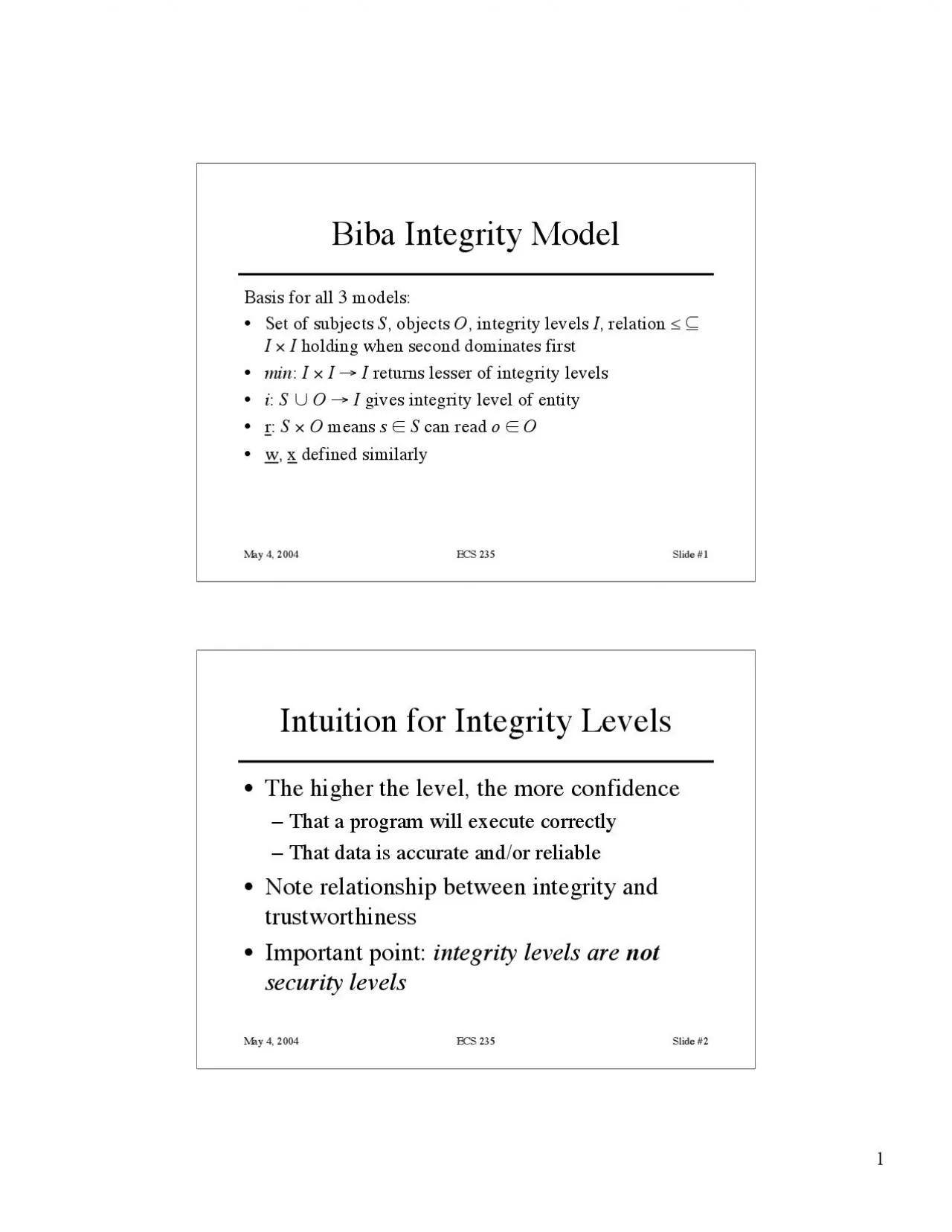 PDF-S objects O integrity levels I relation I I holding when second domi