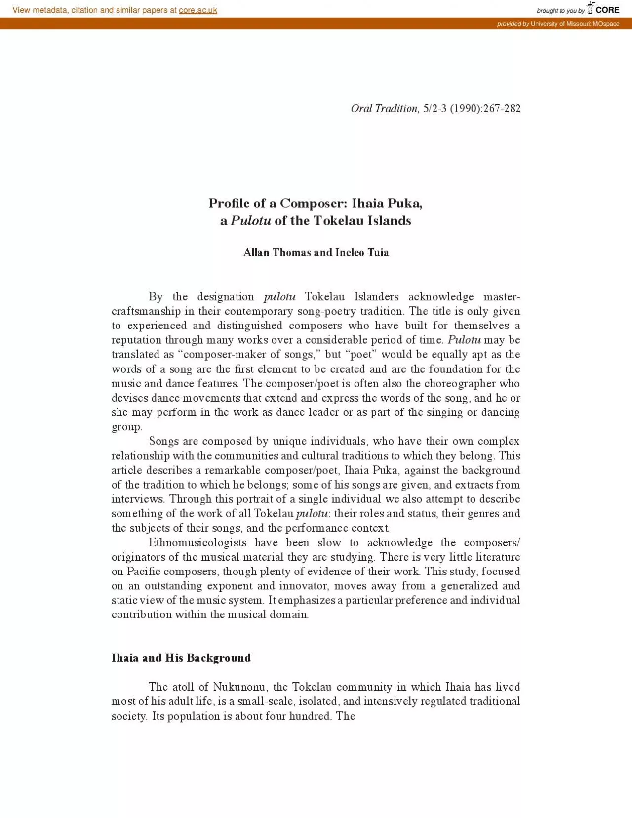 PDF-Oral Tradition le of a Composer Ihaia PukaAllan Thomas and Ineleo Tuia