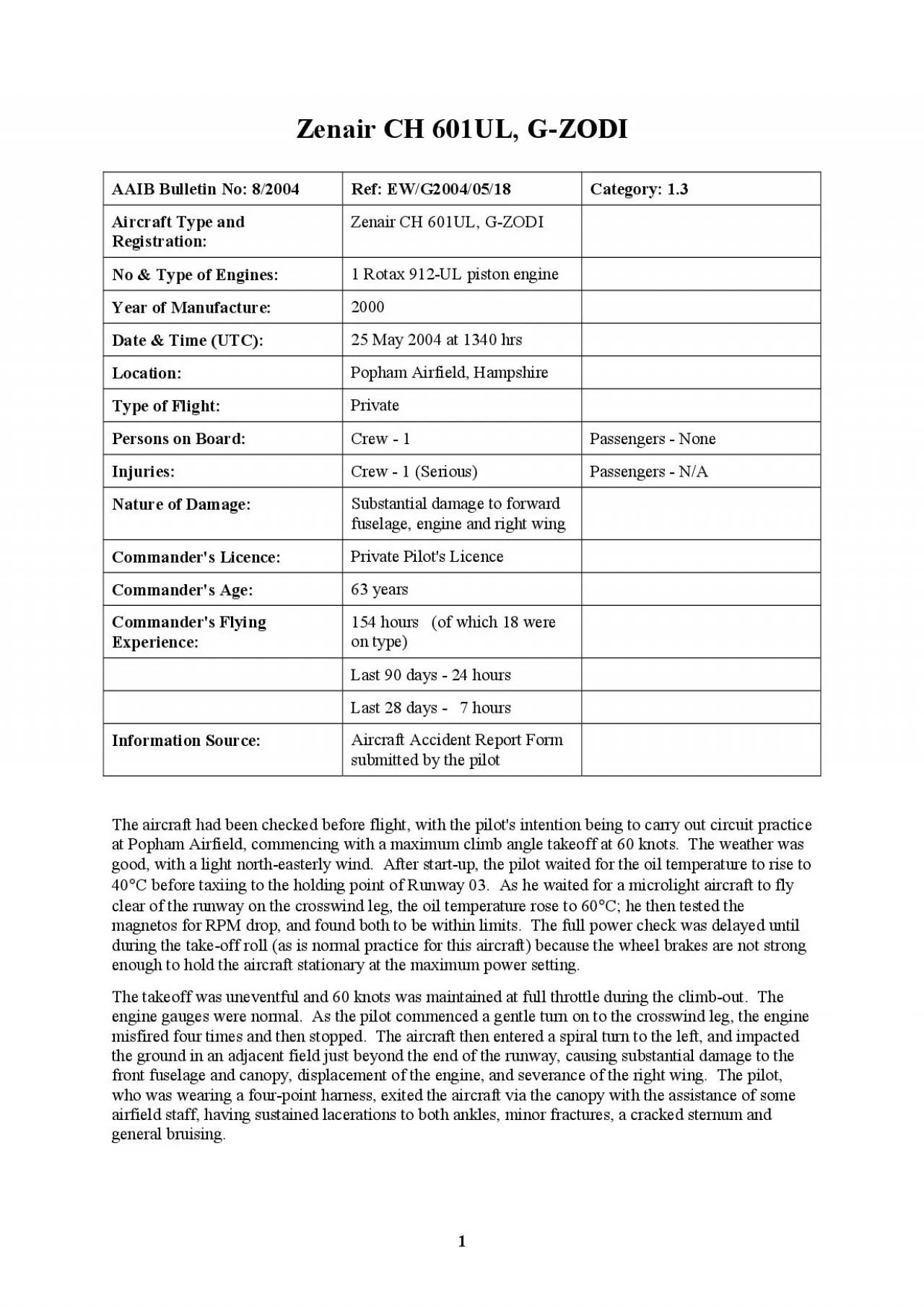 PDF-Zenair CH 601UL GZODI AAIB Bulletin No 82004 Ref EWG20040518 Cate