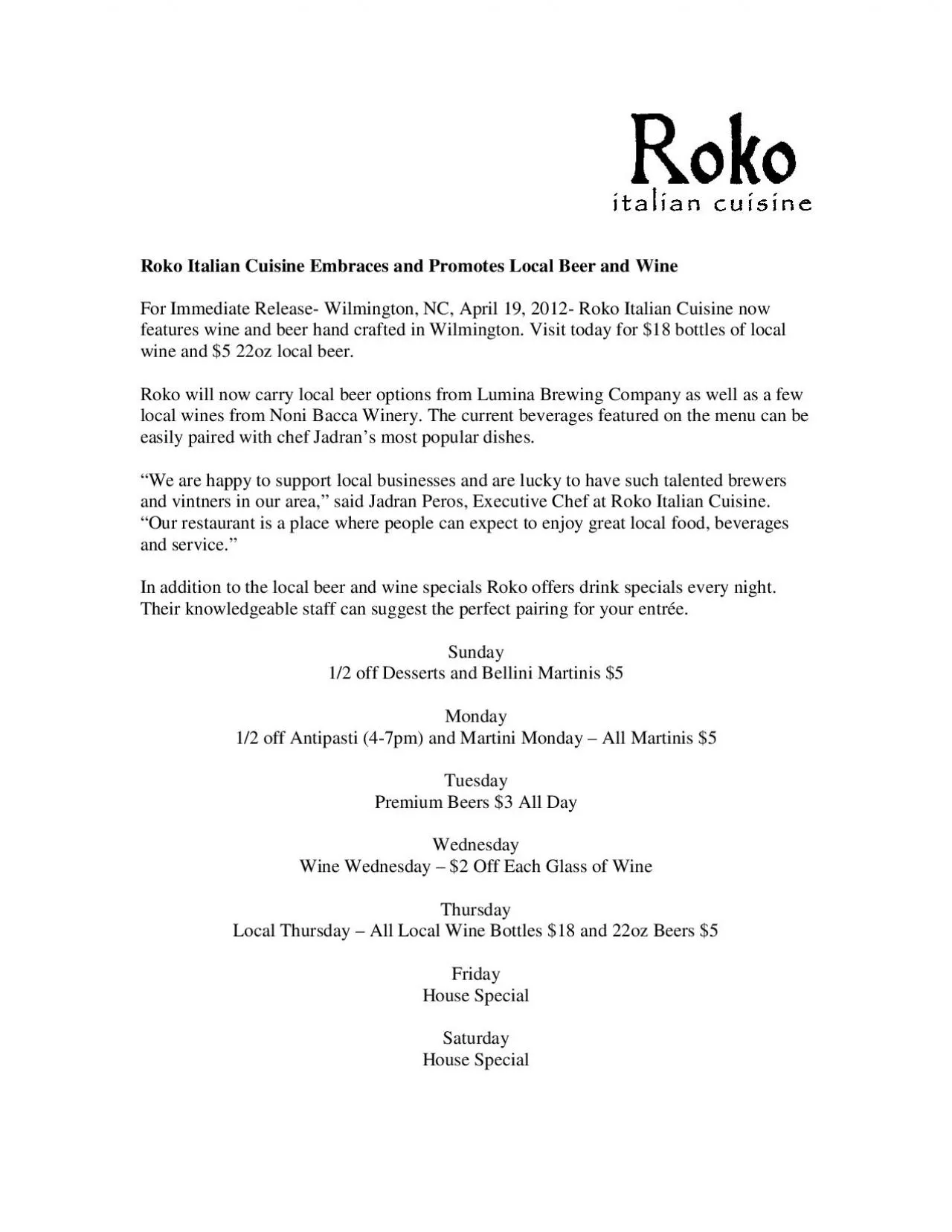 PDF-Roko Italian Cuisine Embraces and Promotes Local Beer and Wine For Imm