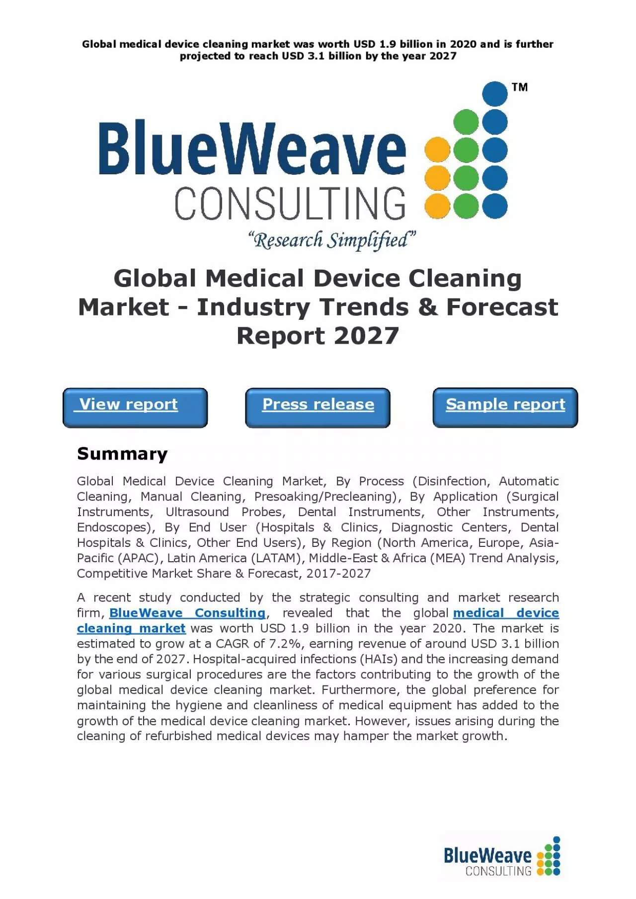 PDF-Global Medical Device Cleaning Market - Industry Trends & Forecast Report 2027