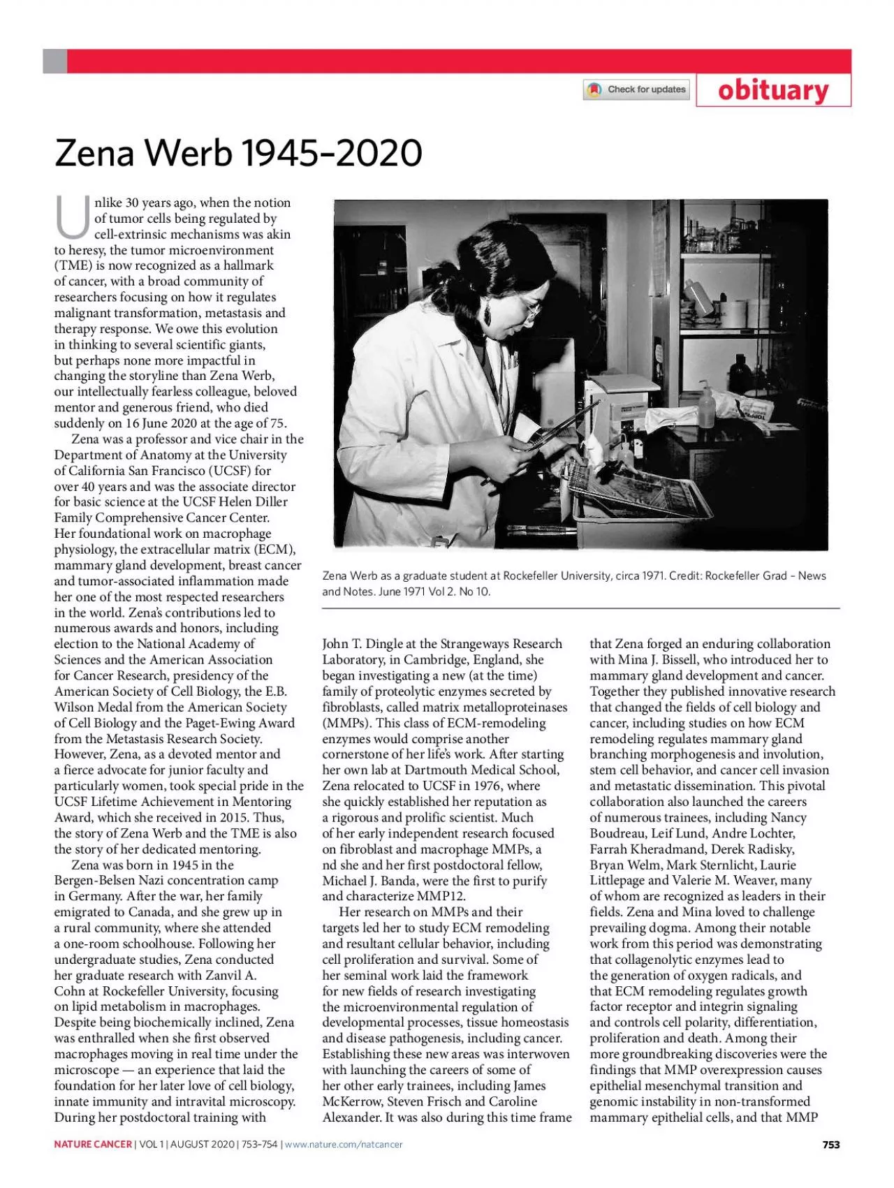 PDF-Zena Werb 19452020nlike 30 years ago when the notion of tumor cells be