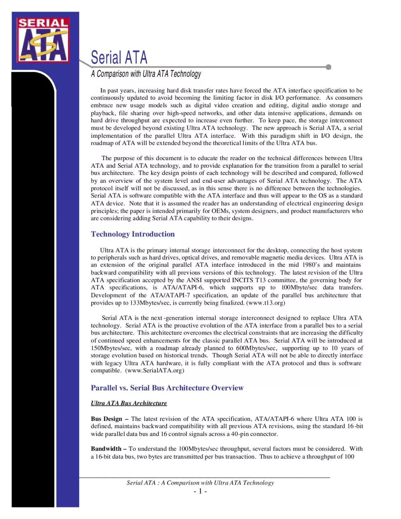 PDF-Serial ATA A Comparison with Ultra ATA Technology 1