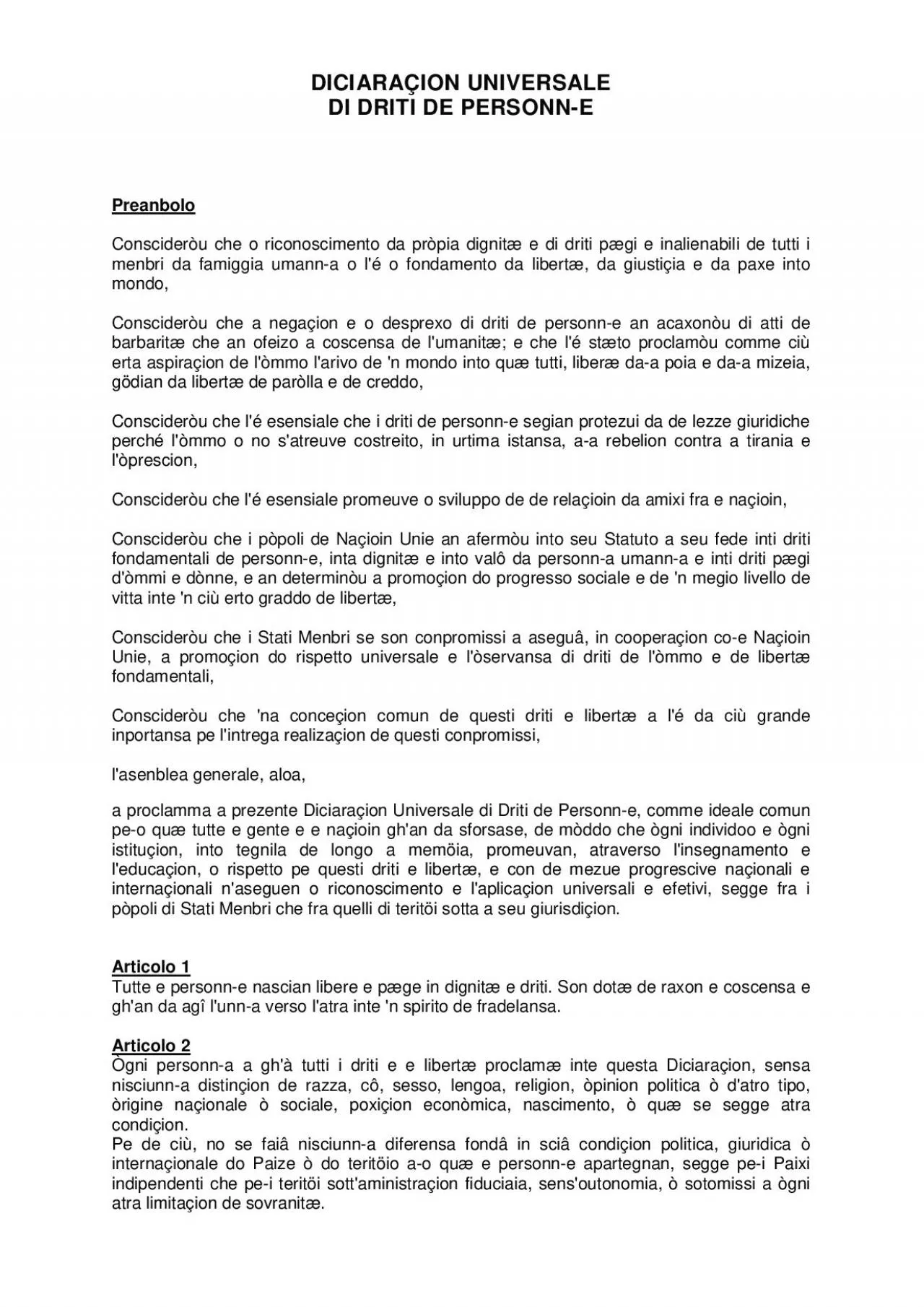 PDF-DICIARAION UNIVERSALE DI DRITI DE PERSONNE Preanbolo