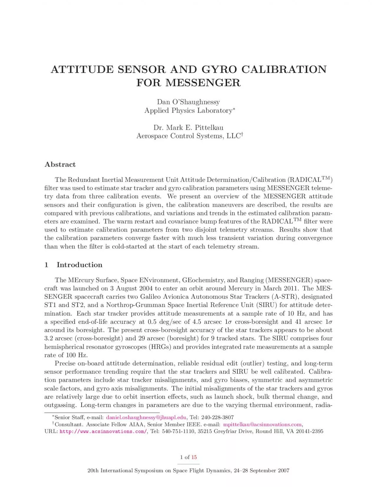 PDF-ATTITUDESENSORANDGYROCALIBRATIONFORMESSENGERDanOShaughnessyAppliedPhys