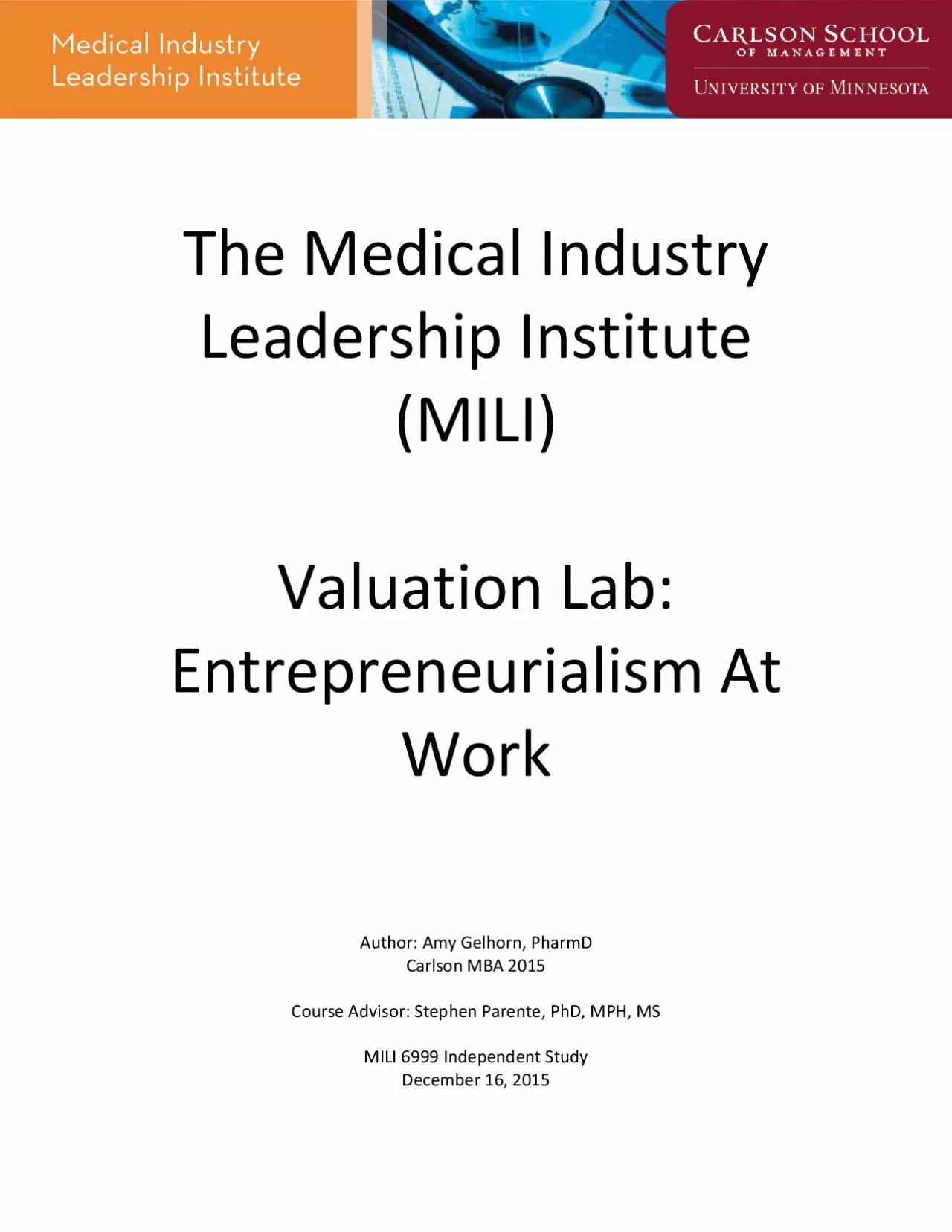 PDF-The Medical Industry Leadership Institute Valuation LabEntrepreneurial