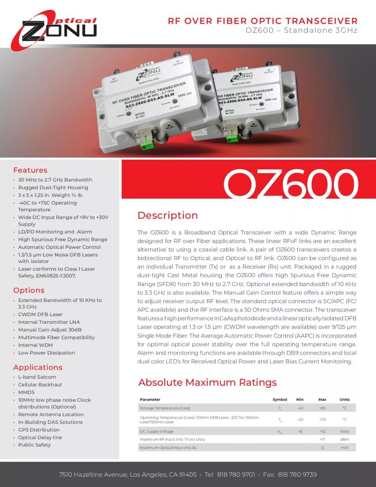 PDF-DescriptionThe OZ600 is a Broadband Optical Transceiver with a wide Dy