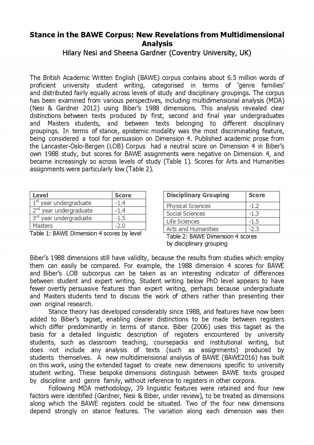 PDF-Stance in the BAWE Corpus New Revelations from Multidimensional