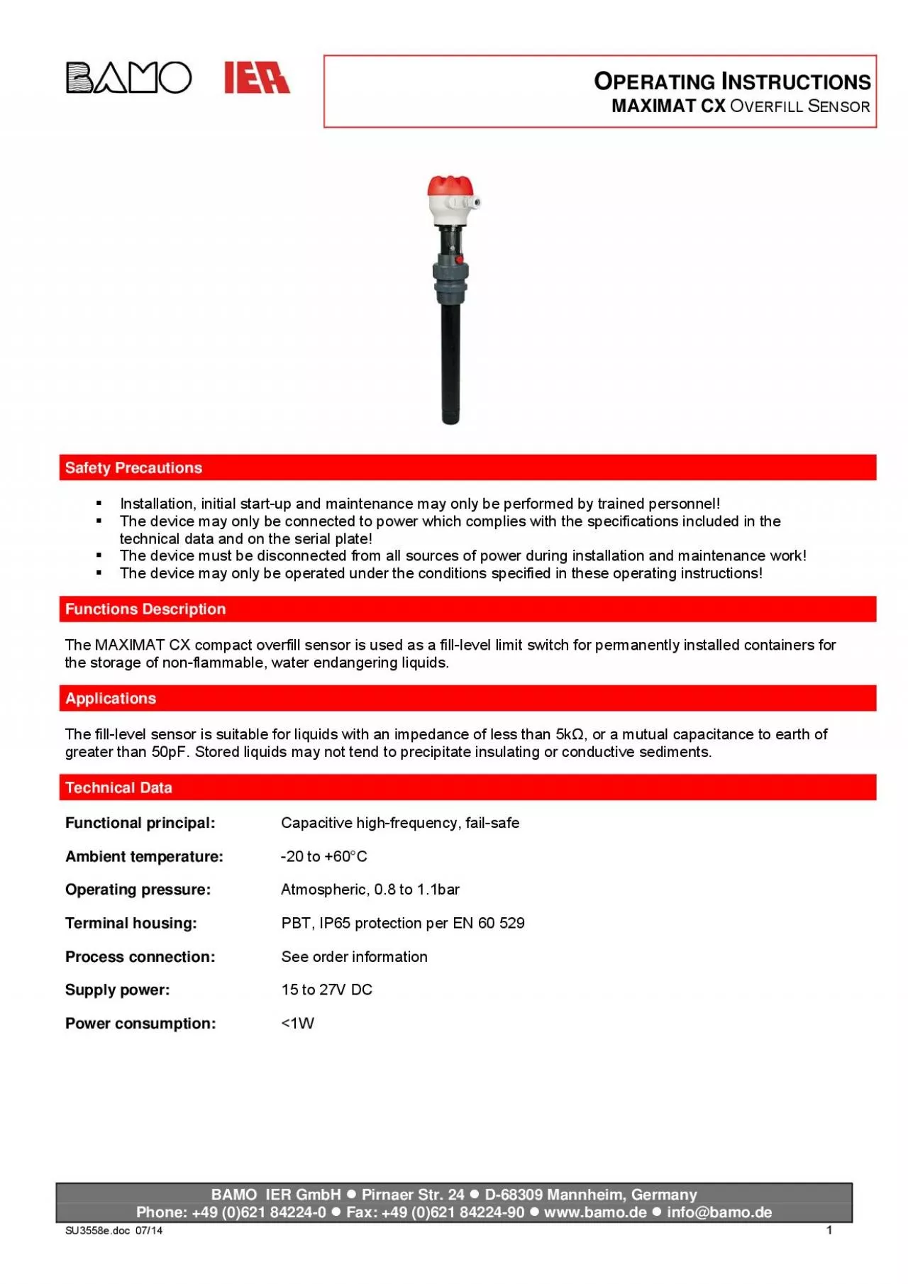 PDF-PERATING NSTRUCTIONSVERFILL ENSOR