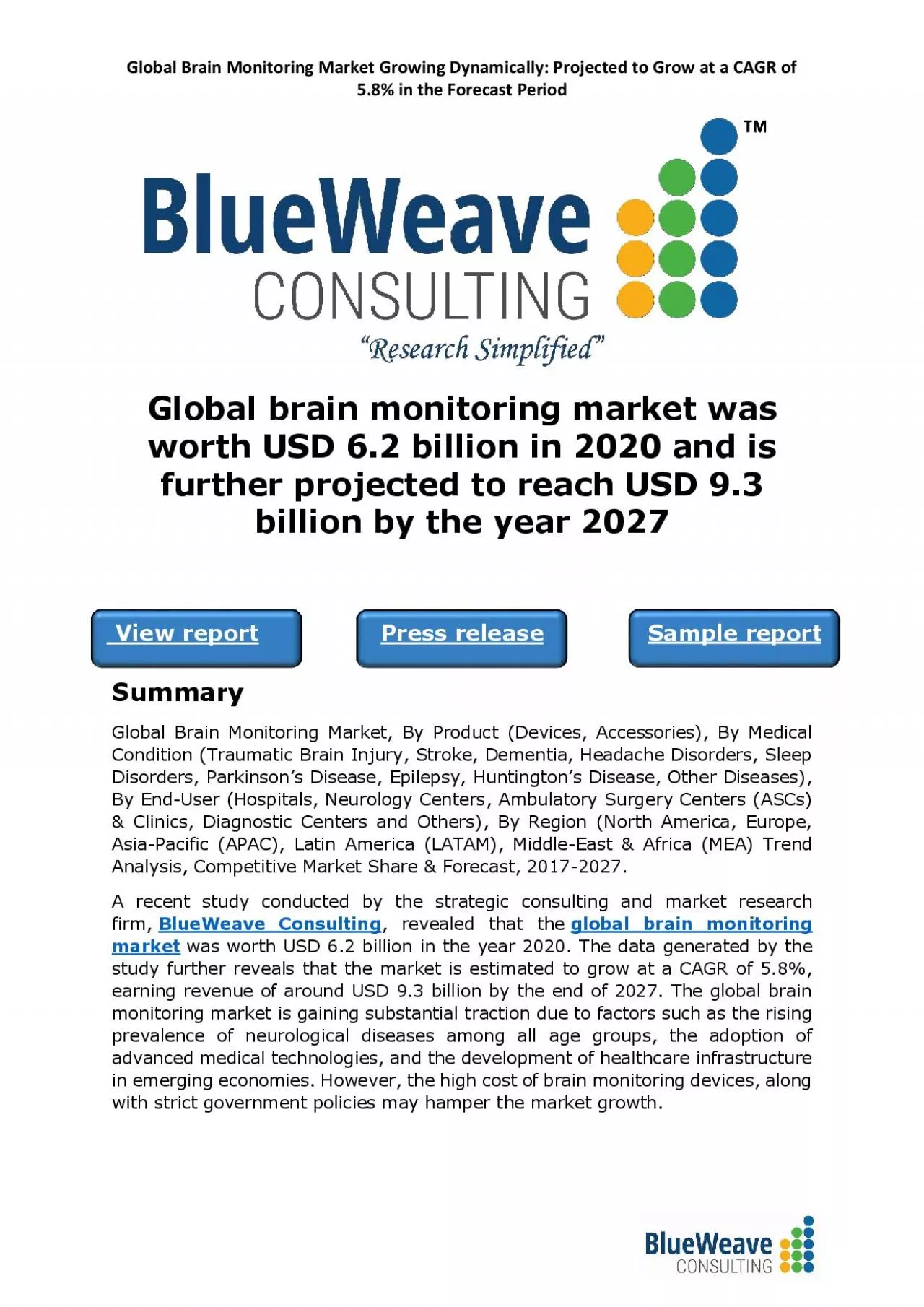 PDF-global brain monitoring market was worth USD 6.2 billion in 2020 and is further projected