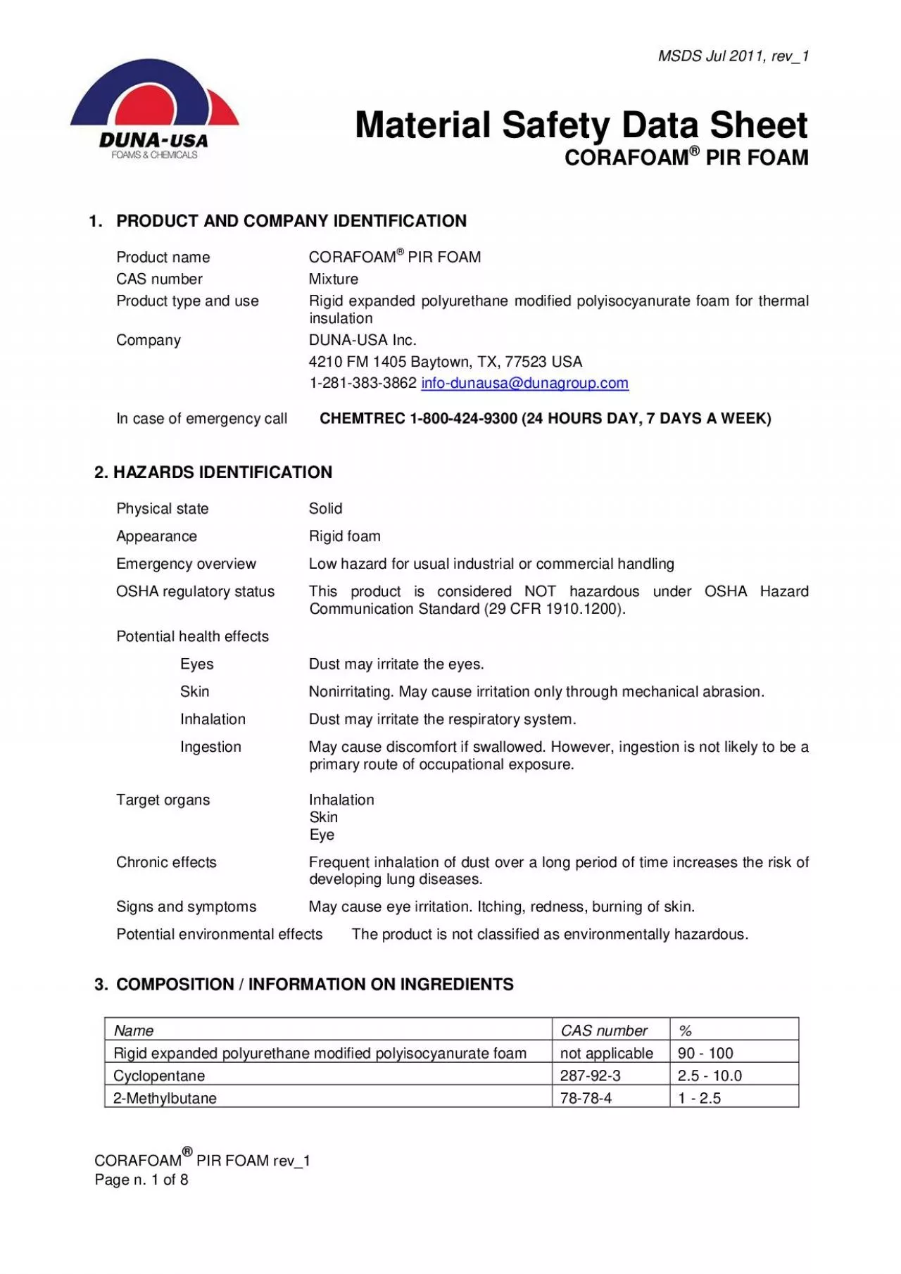 PDF-MSDS Jul 2011 rev1 Material Safety Data Sheet CORAFOAM PIR FOAM CORAFO