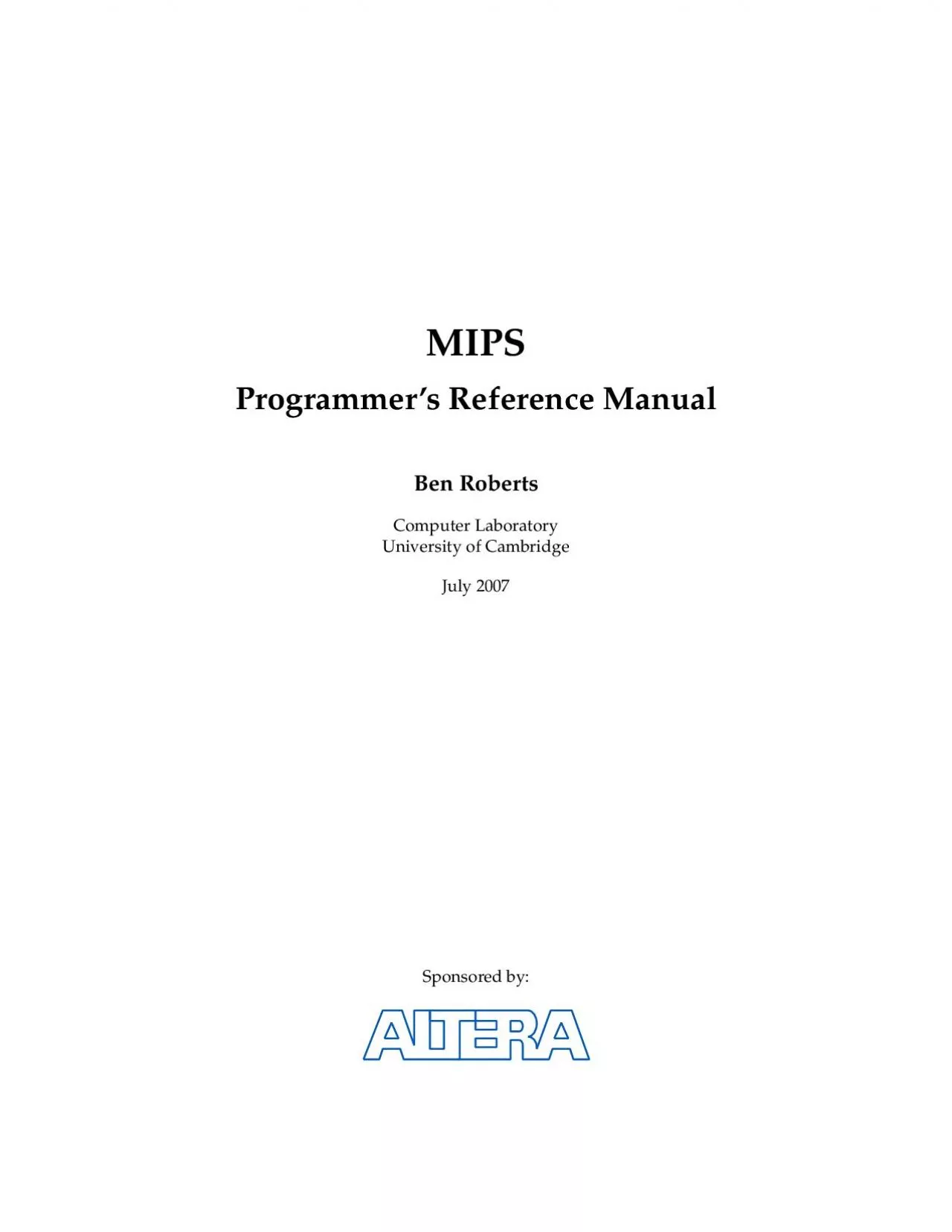 PDF-MIPSProgrammersReferenceManualBenRobertsComputerLaboratoryUniversityof