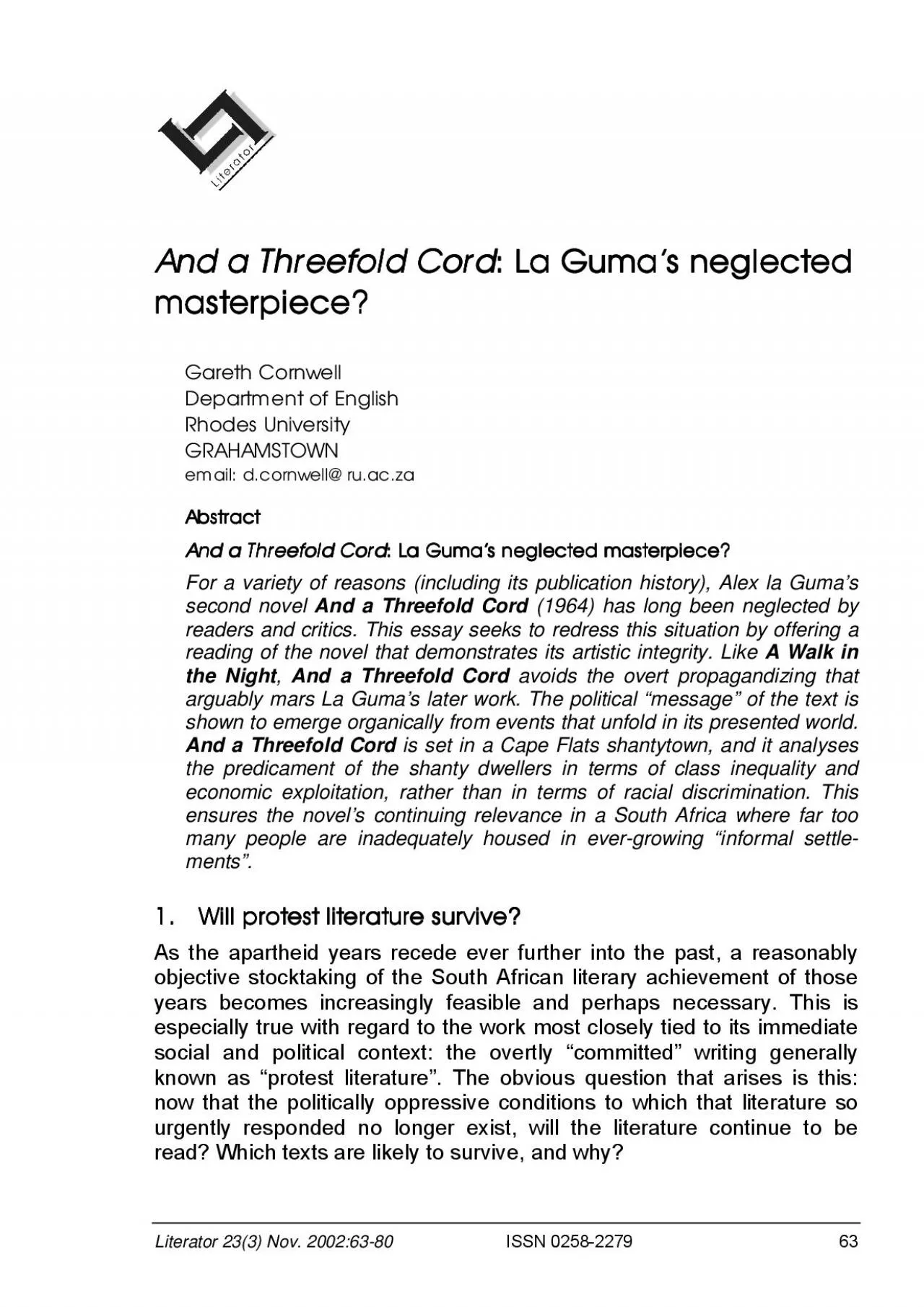 PDF-And a Threefold Cord La Gumas neglected masterpiece