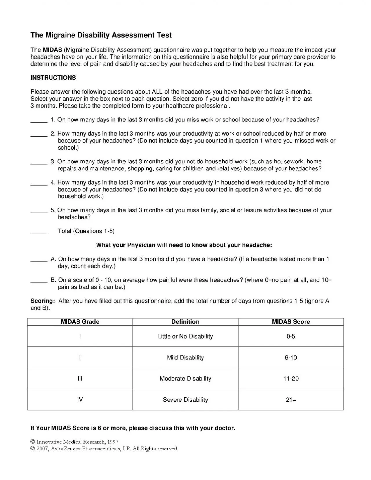 PDF-The Migraine Disability Assessment Test The MIDAS Migraine Disability