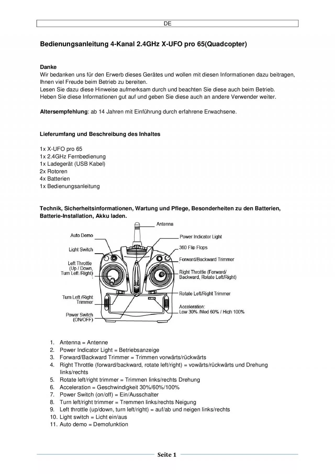 PDF-Bedienungsanleitung Kanal 24GHz UFO proQuadcopterDankeWir bedanken uns