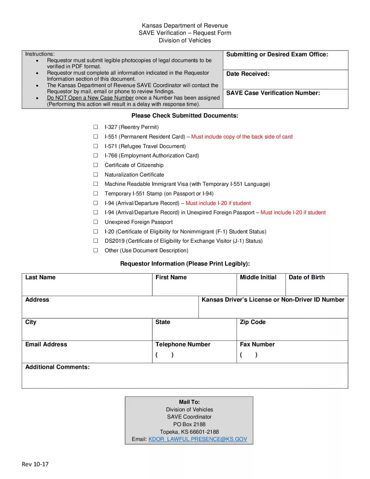 PDF-Kansas Department of Revenue SAVE Verification 150 Request Form Divisi