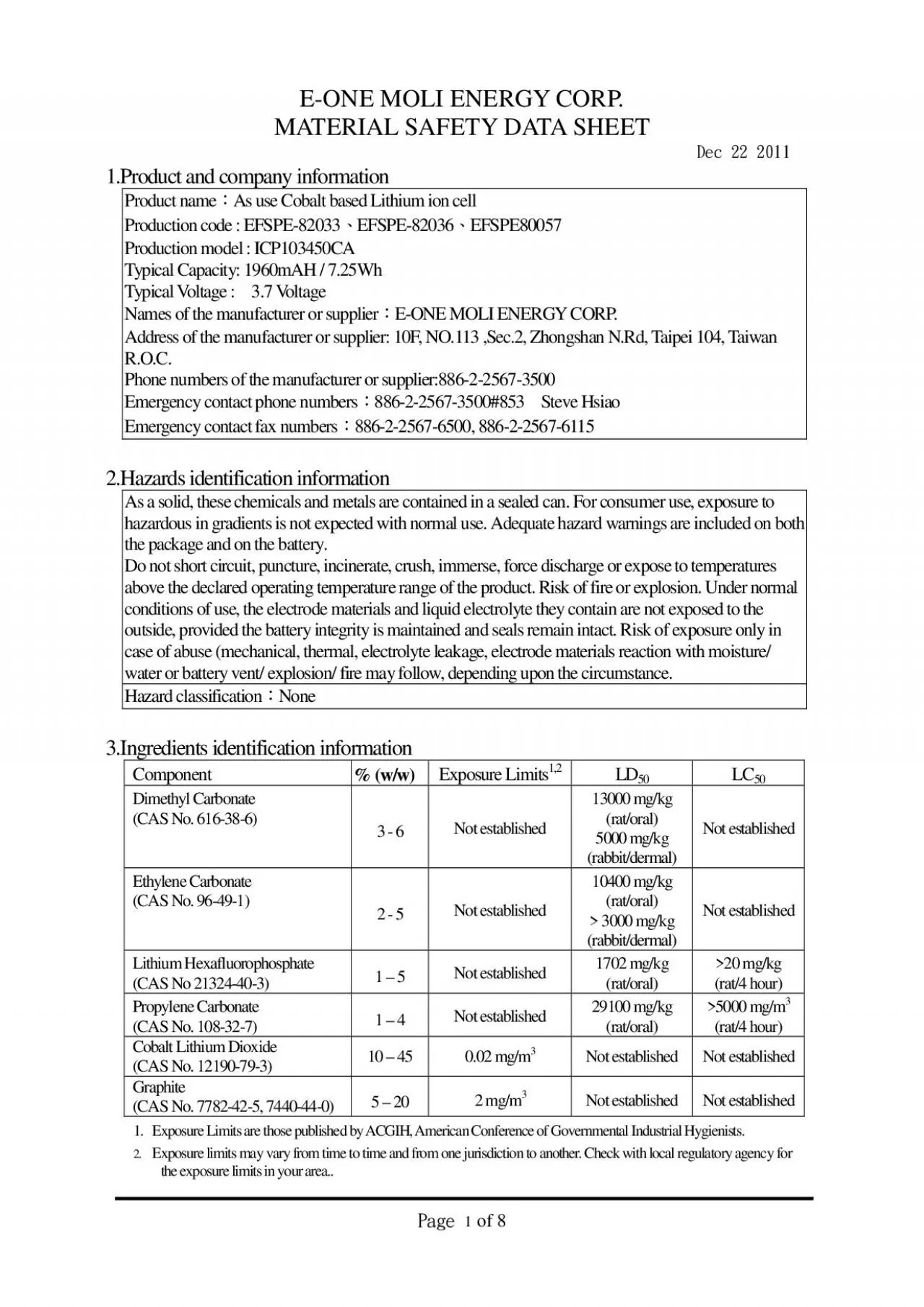 PDF-EONE MOLI ENERGY CORP MATERIAL SAFETY DATA SHEET Efd333122Qbhf of 8