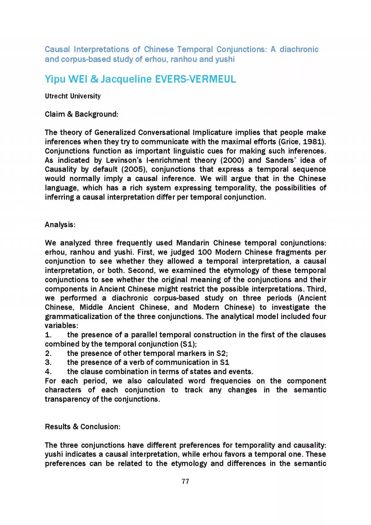 PDF-77 Causal Interpretations of Chinese Temporal Conjunctions A diachroni