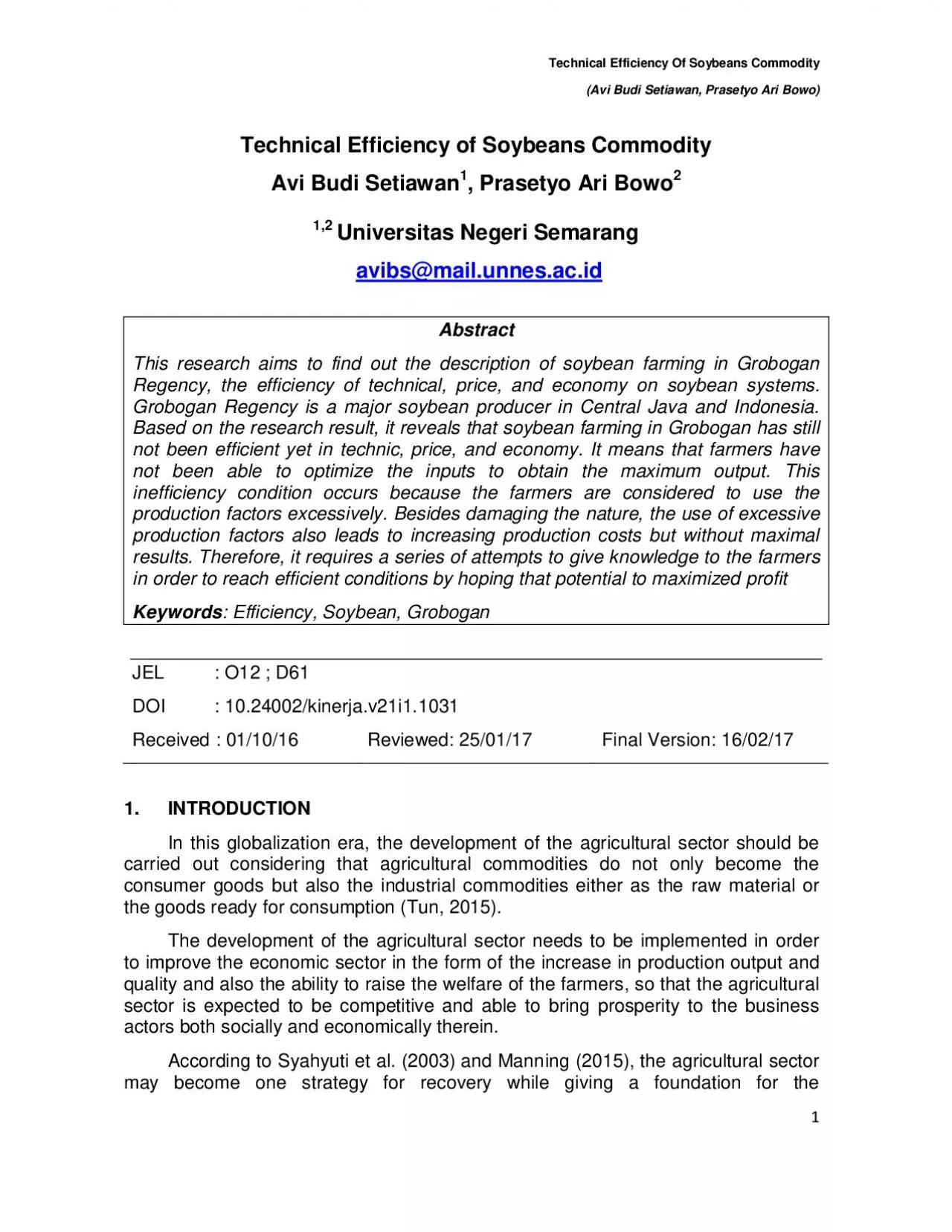 PDF-Technical Efficiency Of Soybeans Commodity Avi Budi Setiawan Prasety