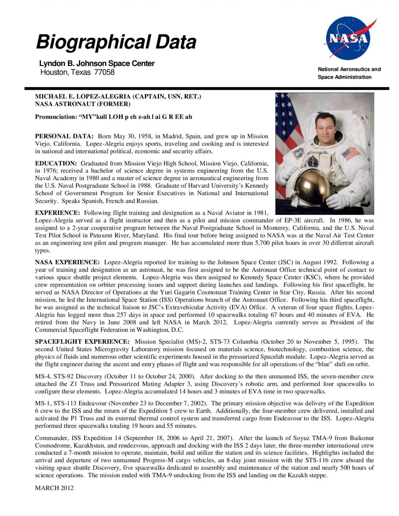 PDF-MICHAEL E LOPEZALEGRIA CAPTAIN US RETNASA ASTRONAUT FORMERPronunciatio