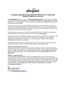 ALLEGIANT ANNOUNCES NEW NONSTOP SERVICE TO ST PETEWITH ONEWAY FARES AS