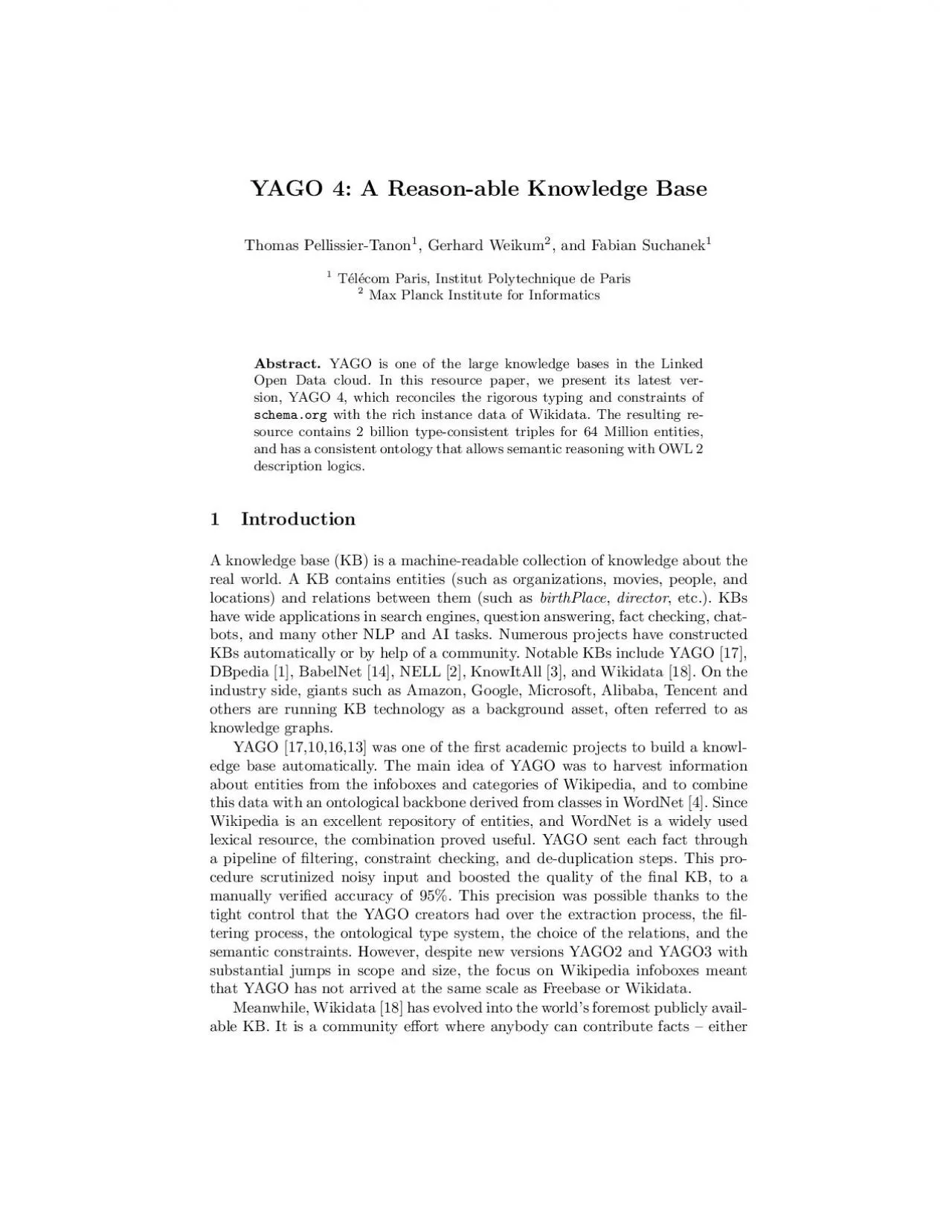 PDF-YAGO4AReasonableKnowledgeBaseThomasPellissierTanon1GerhardWeikum2and