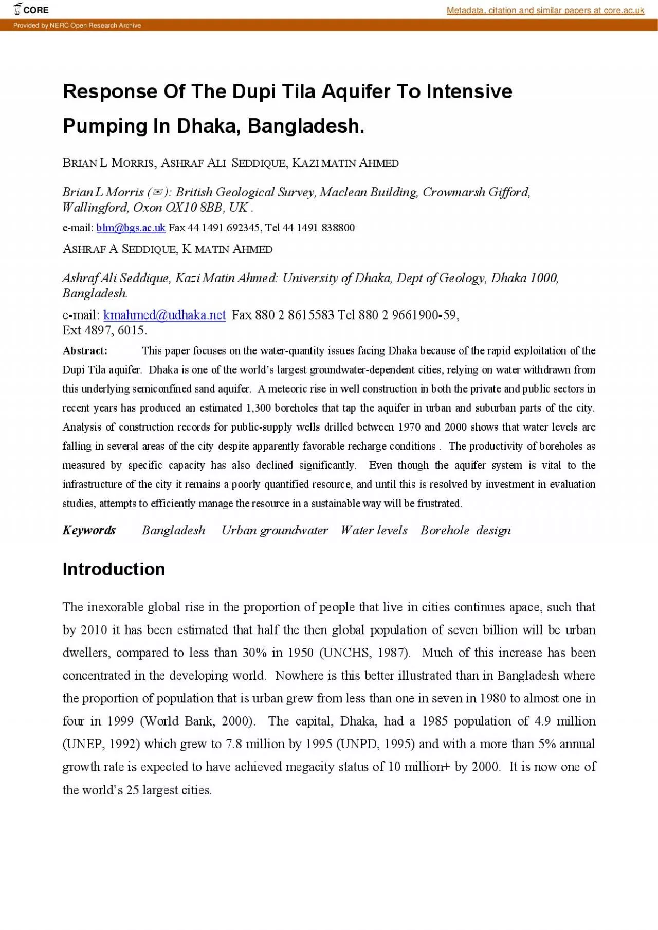 PDF-Response Of The Dupi Tila Aquifer To Intensive Pumping In Dhaka Bangla