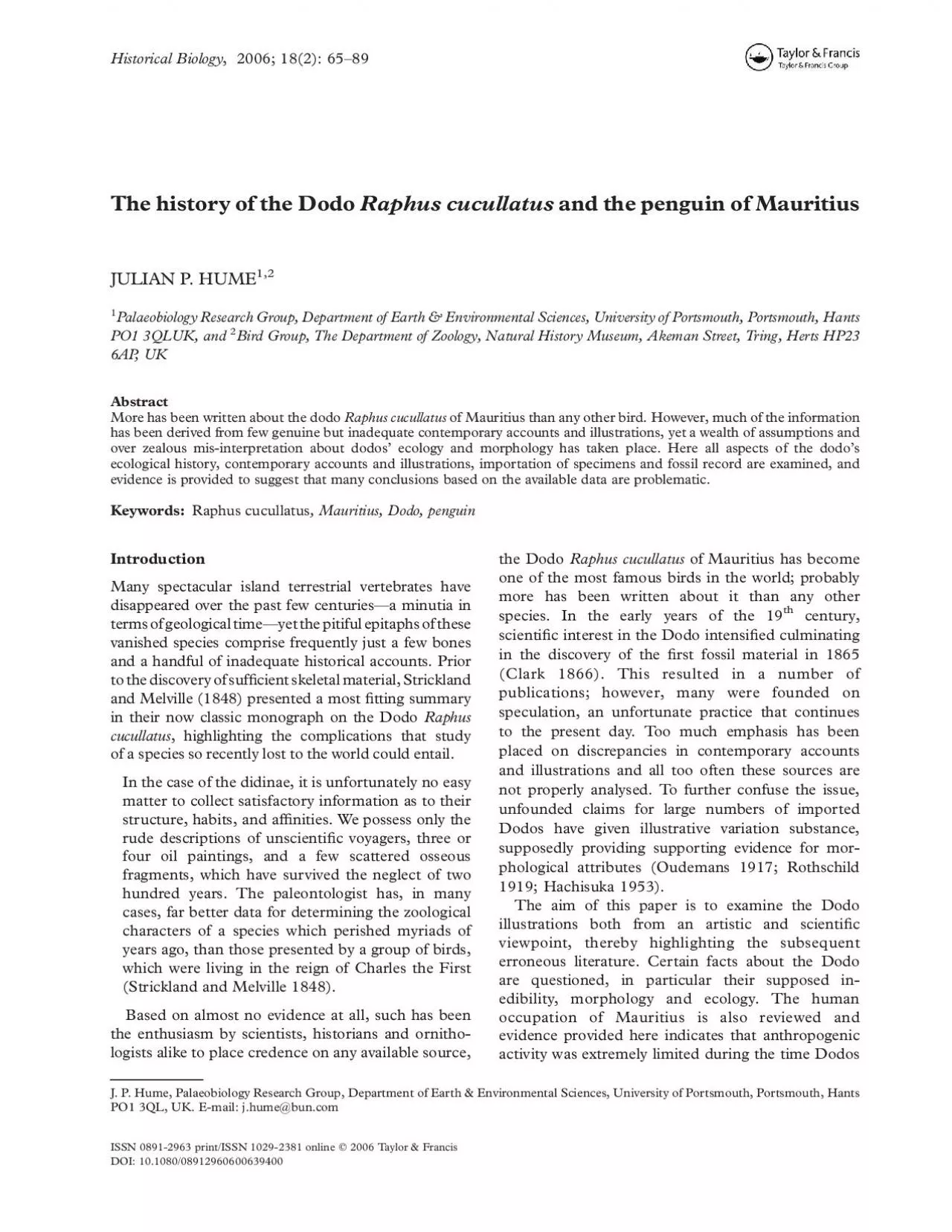 PDF-ThehistoryoftheDodoRaphuscucullatusandthepenguinofMauritiusJULIANPHUME