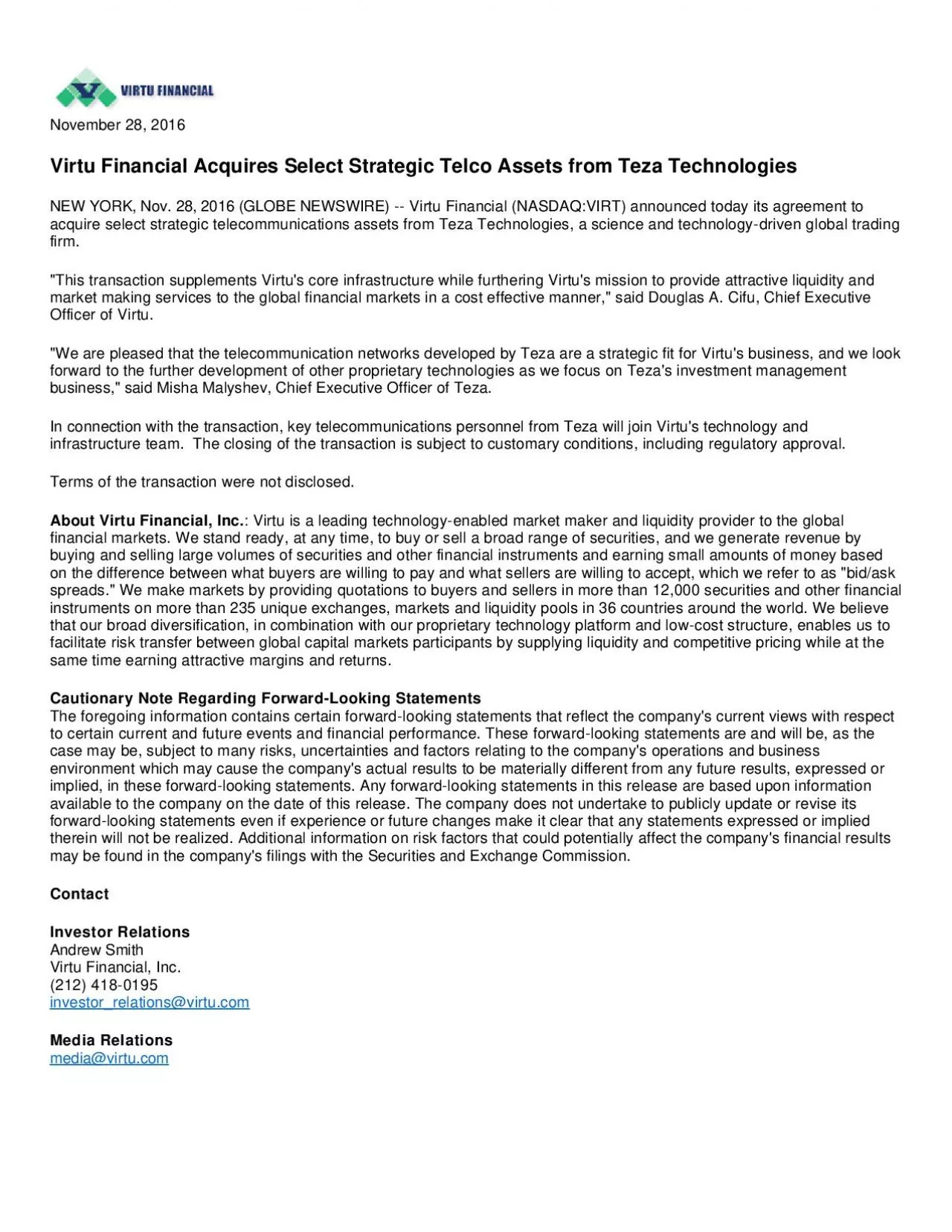 PDF-Virtu Financial Acquires Select Strategic Telco Assets from Teza Techn