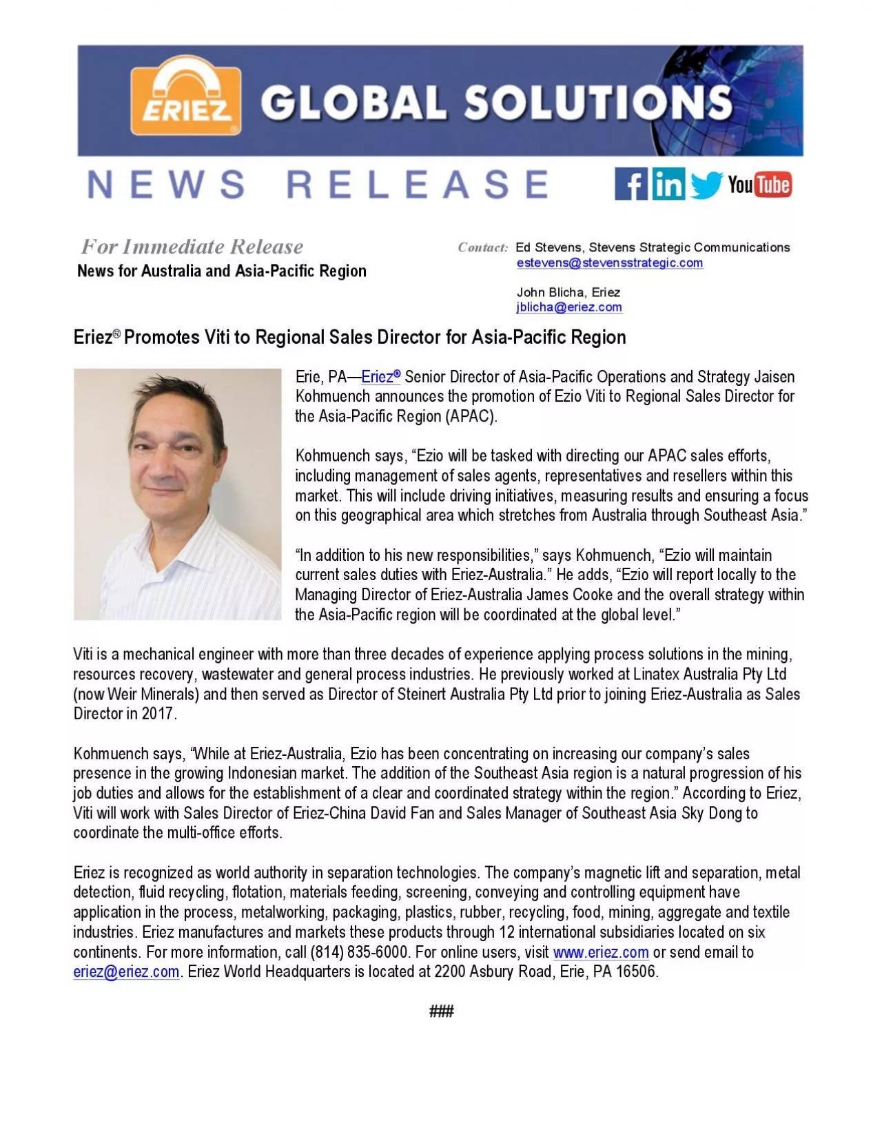 PDF-EriezPromotes Viti toRegional Sales Director for AsiaPacific Region