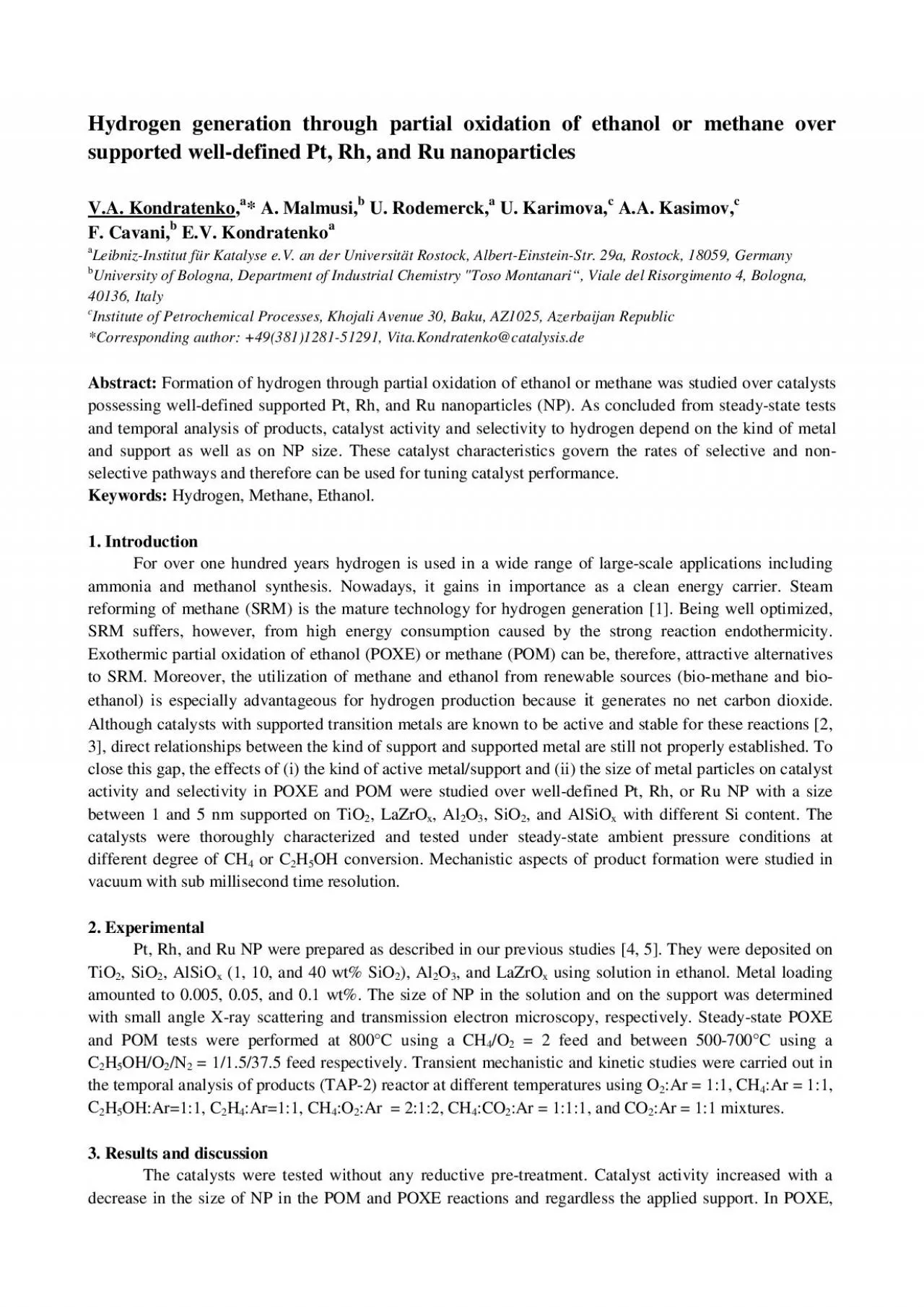 PDF-Hydrogen generation through artial oxidation of ethanol or methane ove