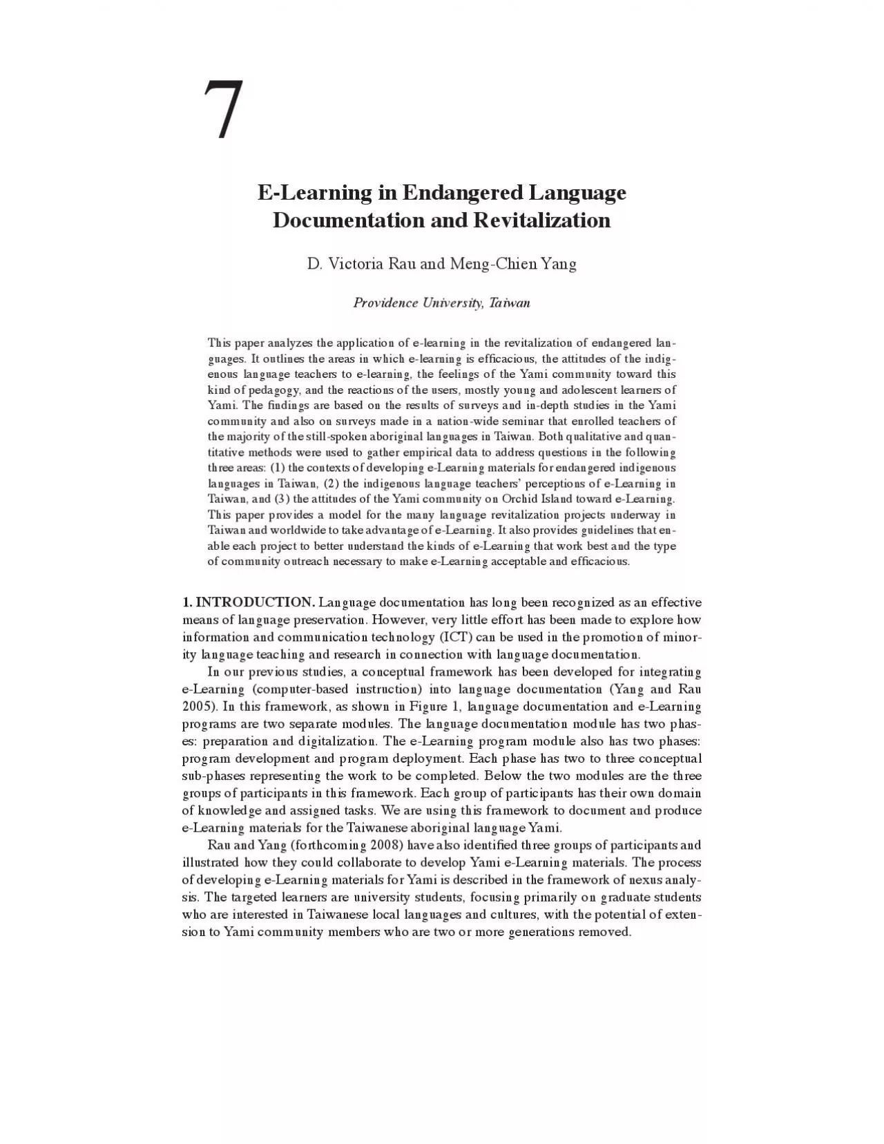 PDF-ELearning in Endangered Language D Victoria Rau and MengChien YangPr