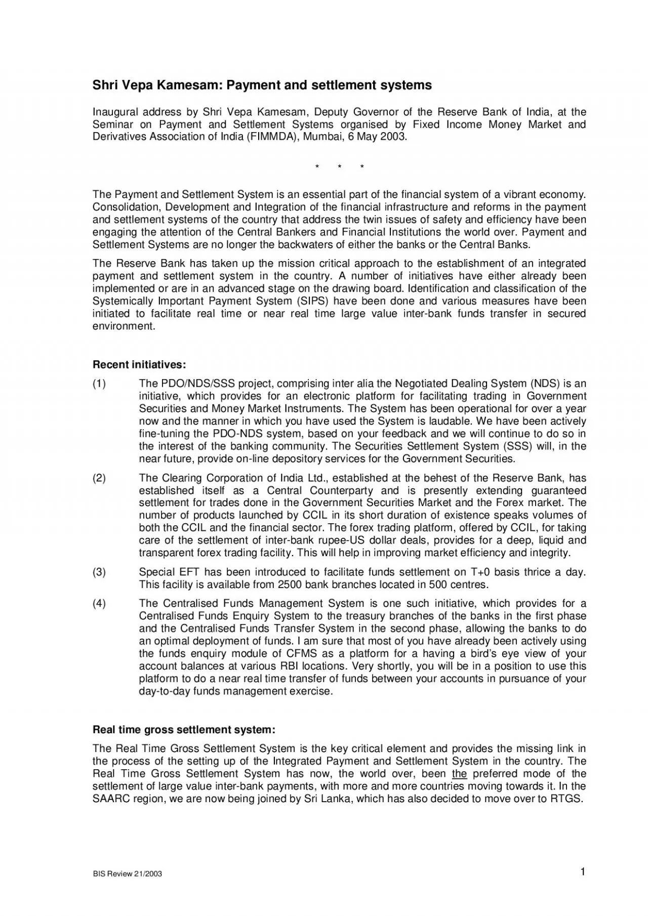 PDF-BIS Review 212003RTGS as a settlement process minimizes settlement ri