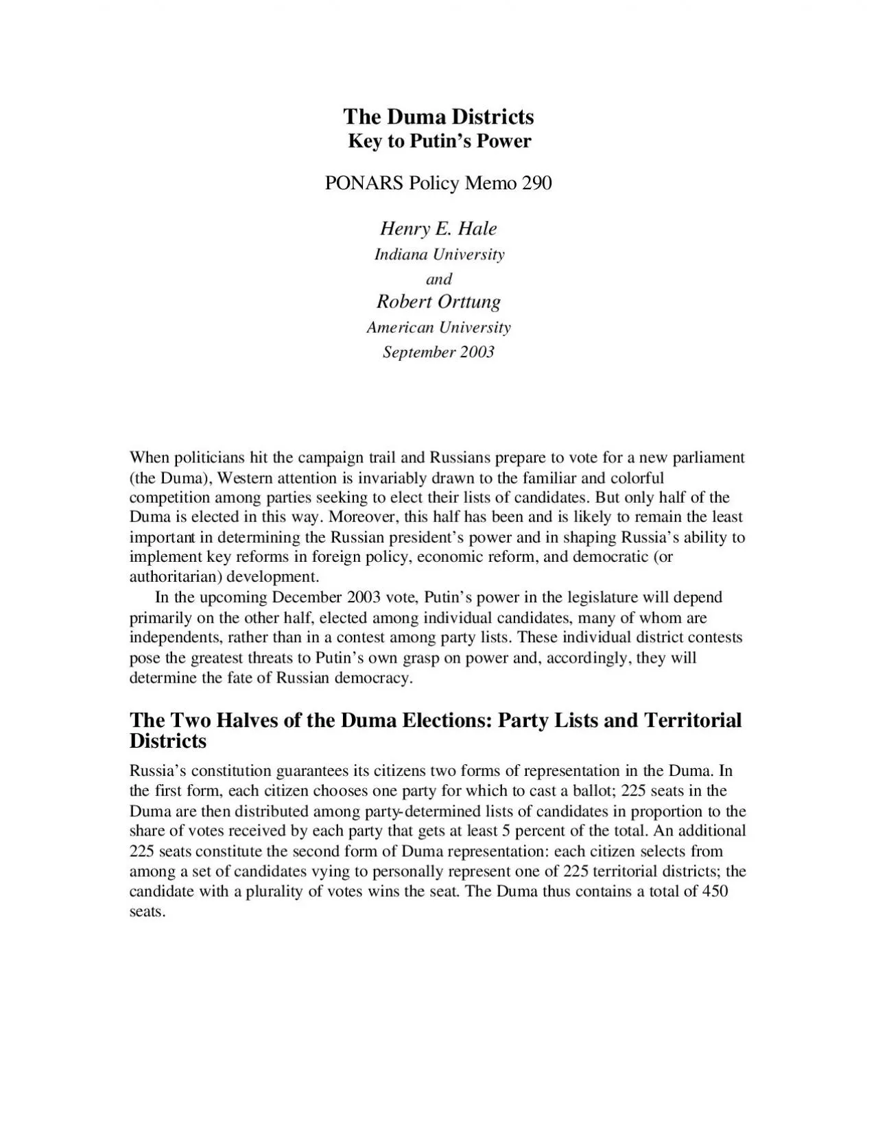 PDF-The Duma Districts Key to Putin146s Power PONARS Policy Memo 290 Hen