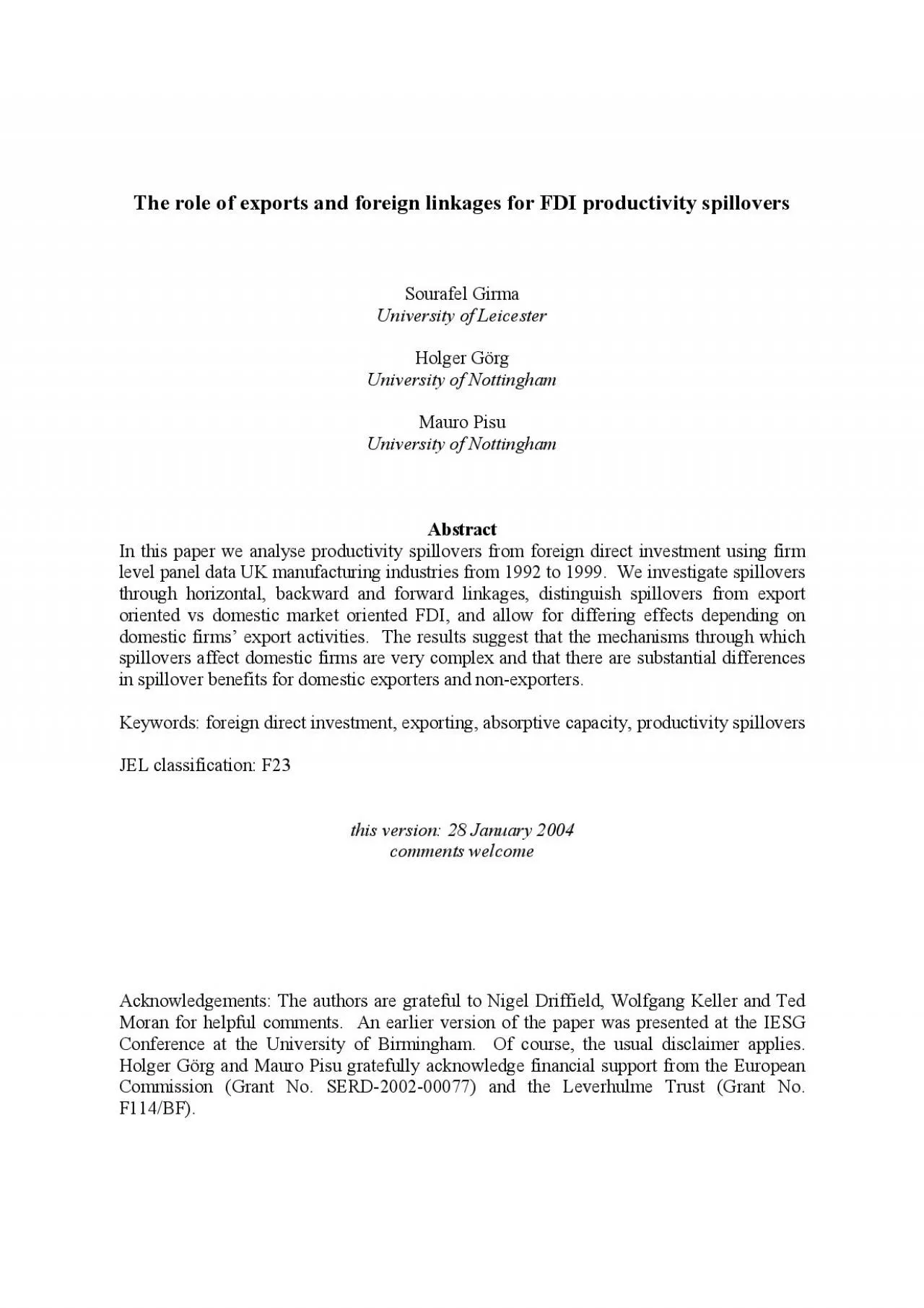 PDF-The role of exports and foreign linkages for FDI productivity spillove