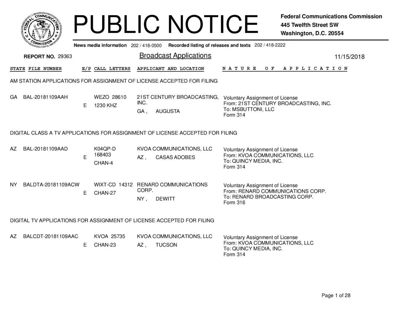 PDF-11152018445 Twelfth Street SWWashington DC 20554Recorded listing of